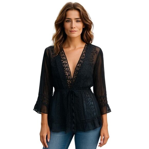 NEW POL Small Black Sheer Lace Lingerie Cover-Up / Robe / Wrap Tassel Embroidery - Picture 1 of 16